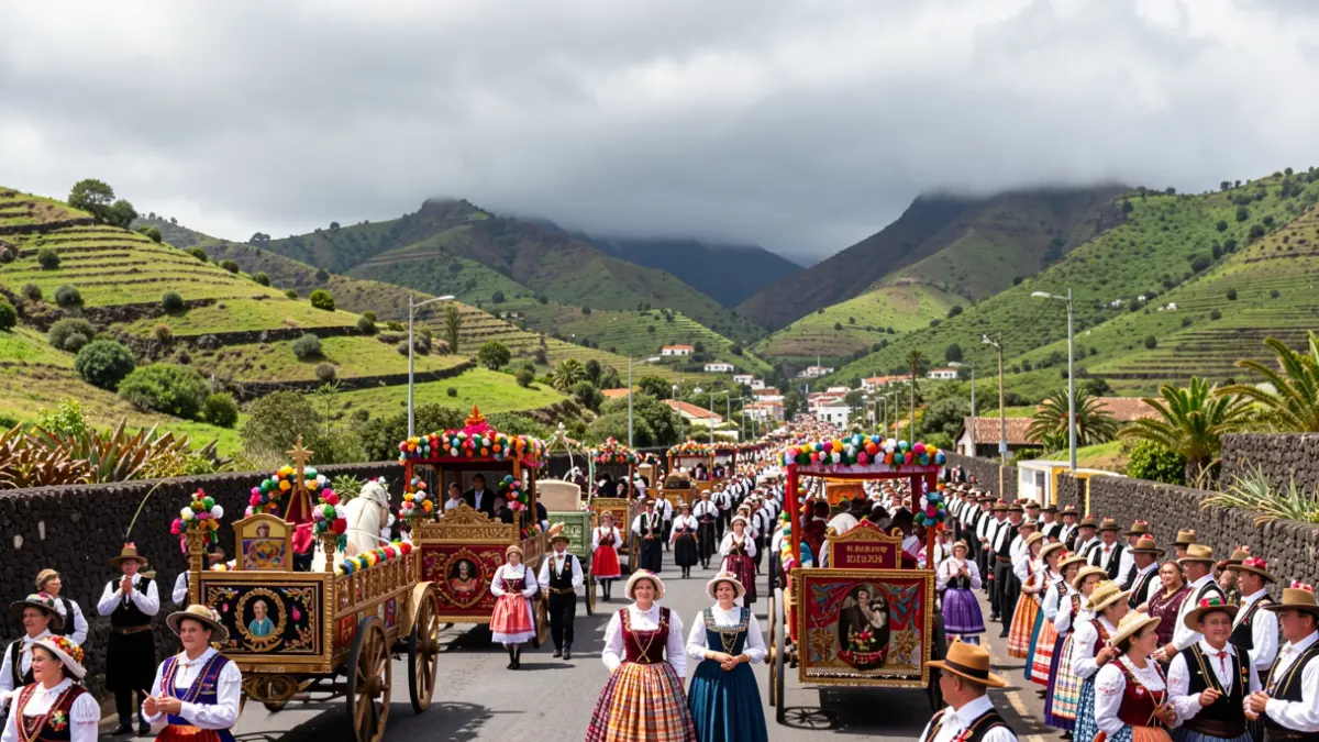 Generic image of a traditional Canarian romería in Los Realejos, Tenerife, with carts and folk groups under a characteristic cloud formation.