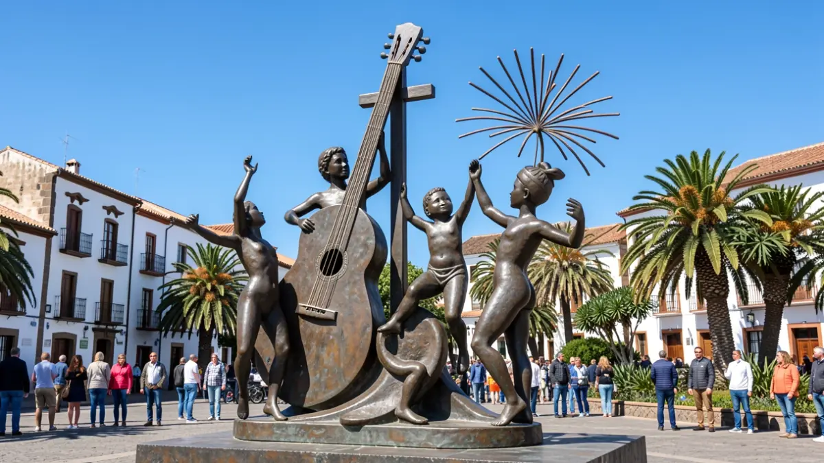 Homenaje a Mayo sculpture in Los Realejos, Tenerife, featuring a timple, cross, and human figures.