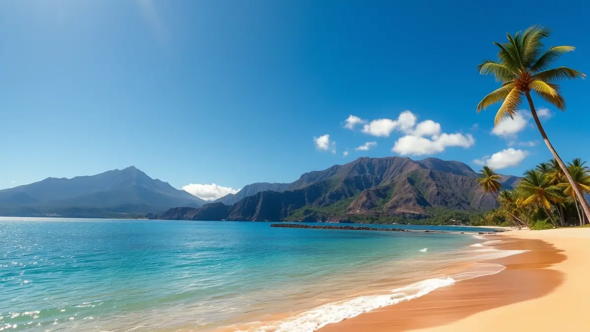 Aerial view of Las Teresitas Beach with golden sand, calm waters, and palm trees.