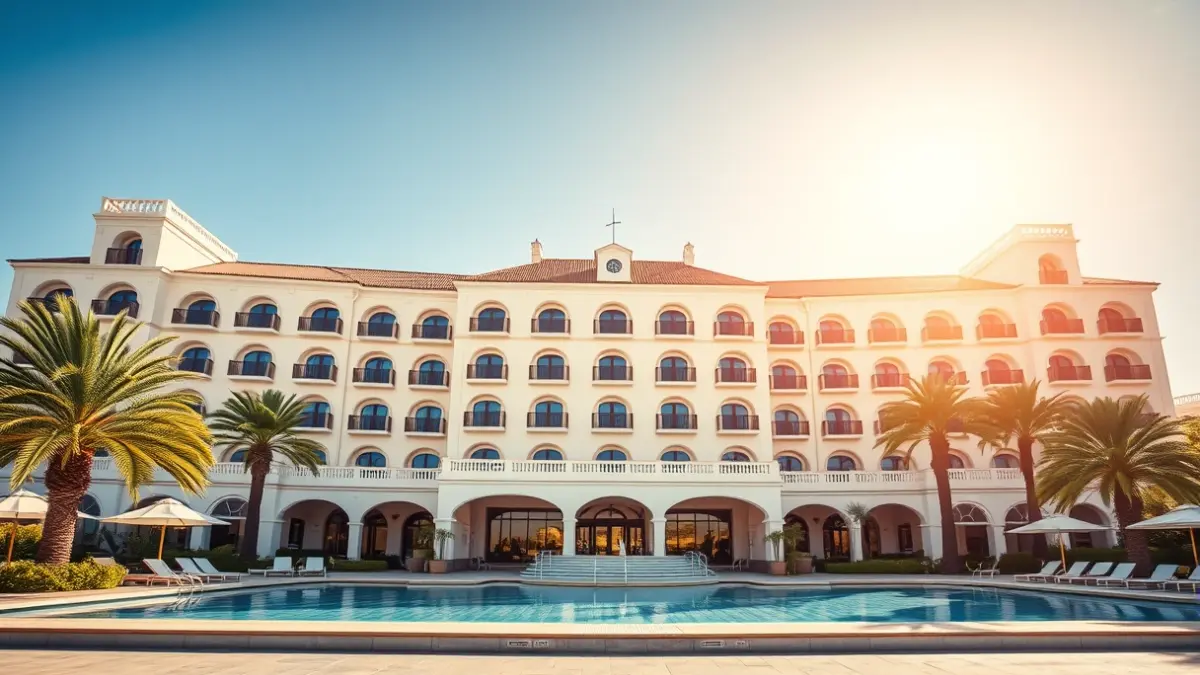 Fachada de un hotel de lujo en estilo canario con palmeras y piscina.