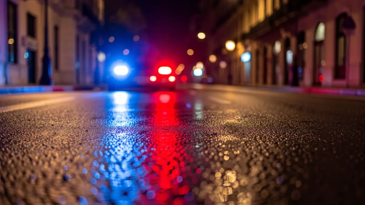 Imagen genérica de luces de emergencia policiales reflejándose en el asfalto mojado por la noche.