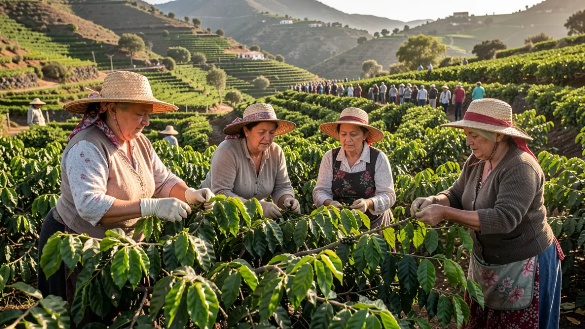 Image of four expert women demonstrating traditional coffee cultivation techniques in the Agaete Valley.