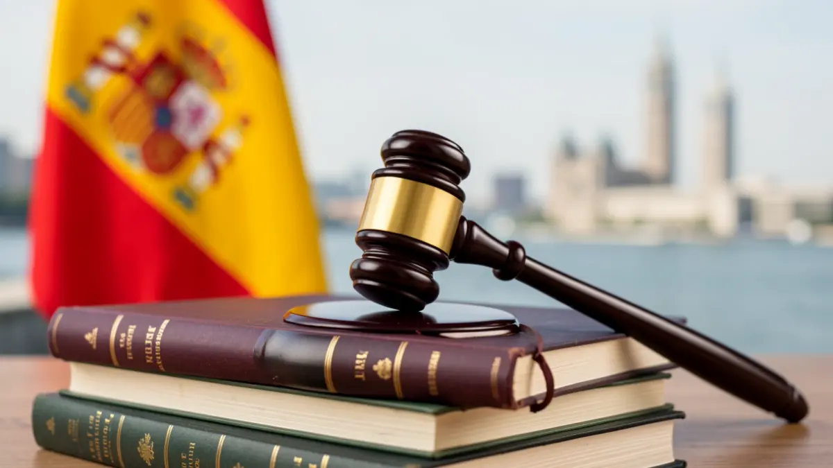 Imagen genérica de un mazo de juez sobre libros legales con la bandera de España y La Haya al fondo.