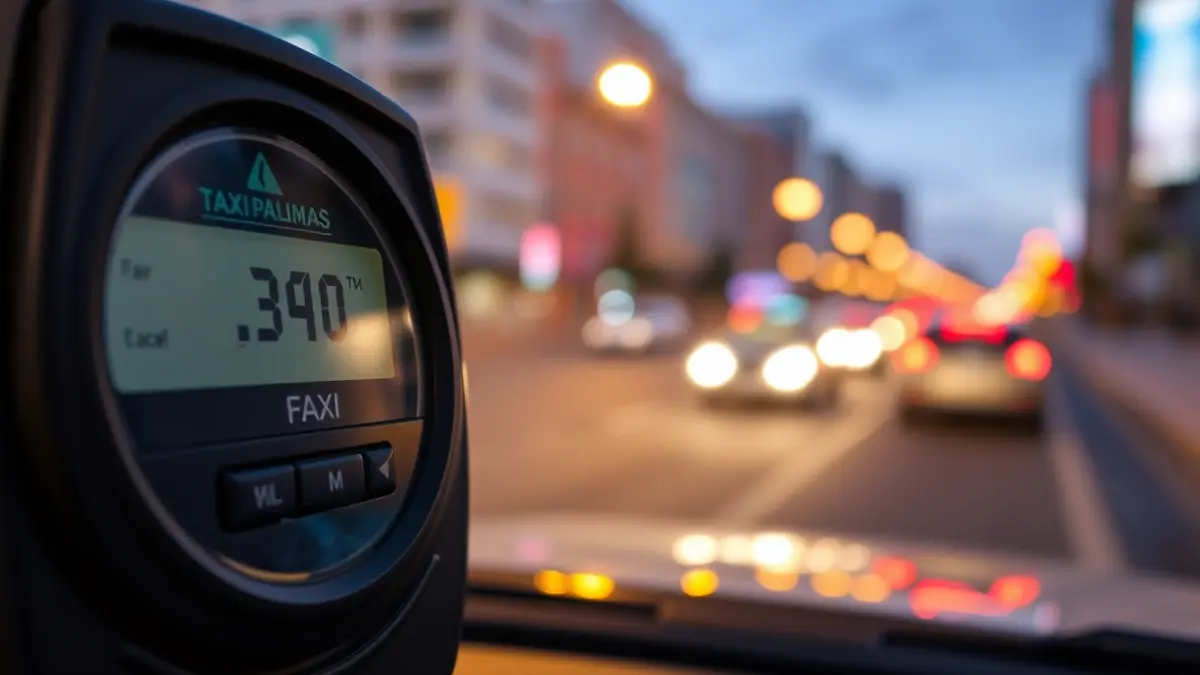 Generic image of a taxi meter with a blurred Las Palmas de Gran Canaria street scene at night in the background.