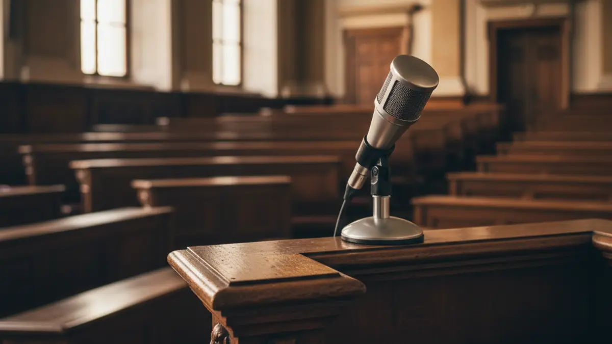 Generic image of a microphone on a podium in a university lecture hall.
