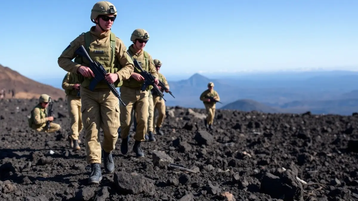 Image of military personnel conducting patrols in a volcanic landscape of the Canary Islands.