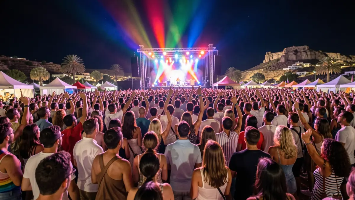 Generic image of a crowd celebrating an outdoor music festival at night with colorful lights.