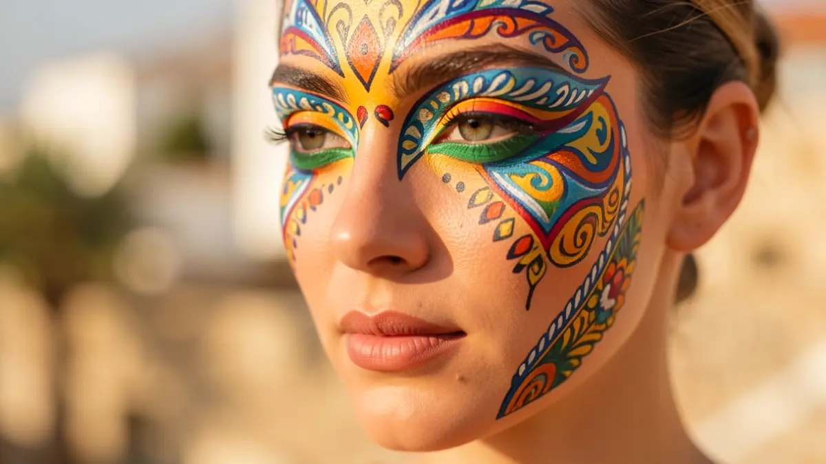 Close-up of artistic makeup inspired by the Canary Islands, featuring traditional patterns and vibrant colors.