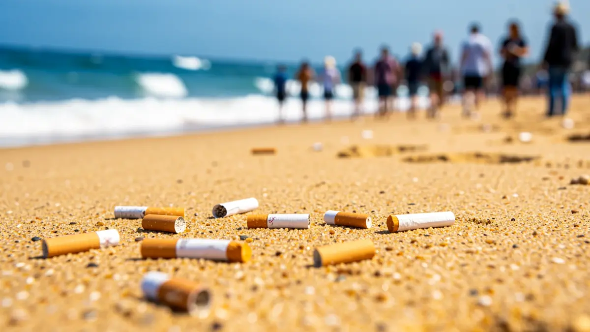 Close-up of cigarette butts scattered on golden beach sand, with the blue sea in the background.