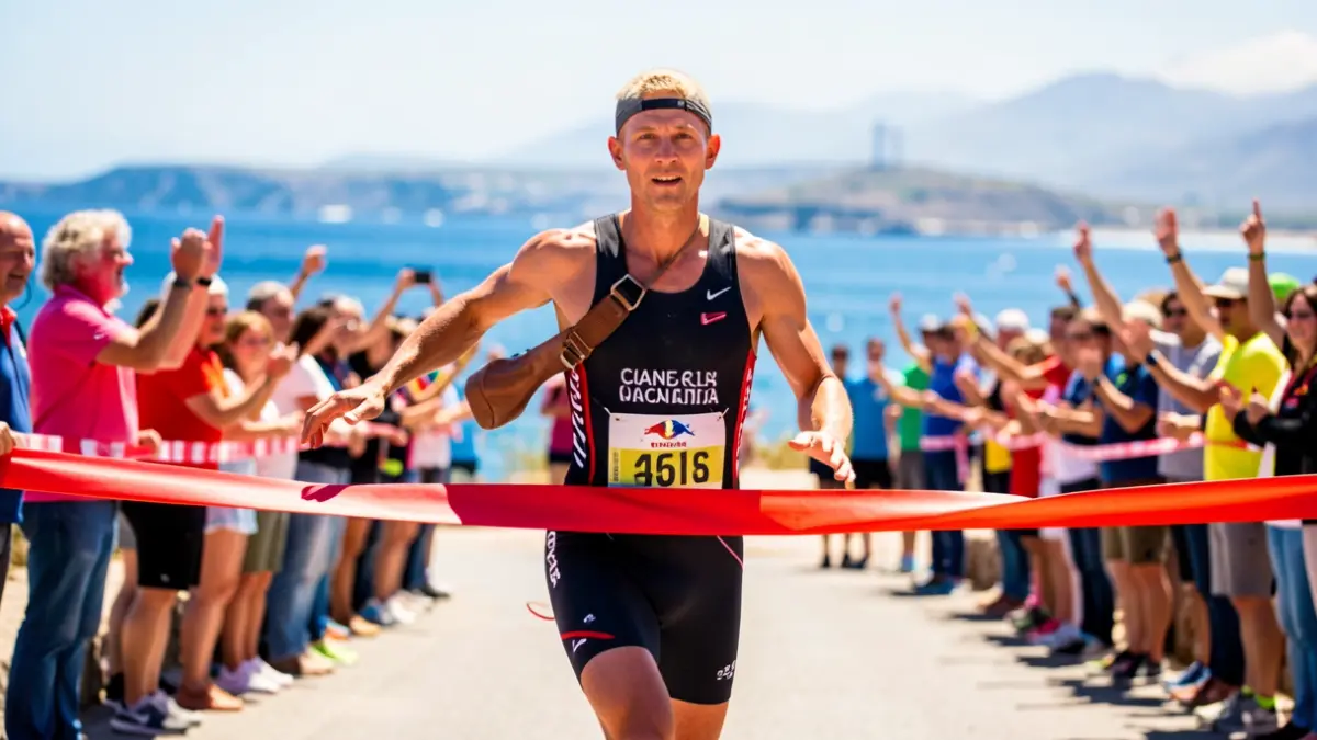 Imagen genérica de un triatleta en la meta del IRONMAN Lanzarote.