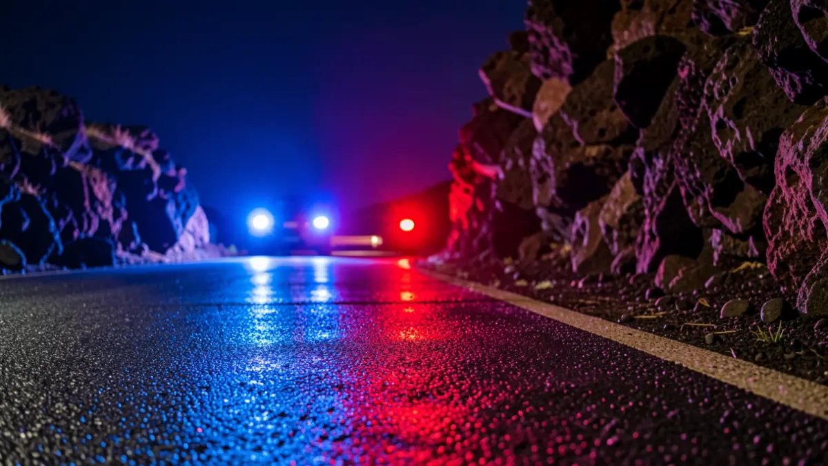 Imagen genérica de luces de emergencia policiales reflejándose en el asfalto mojado por la noche.