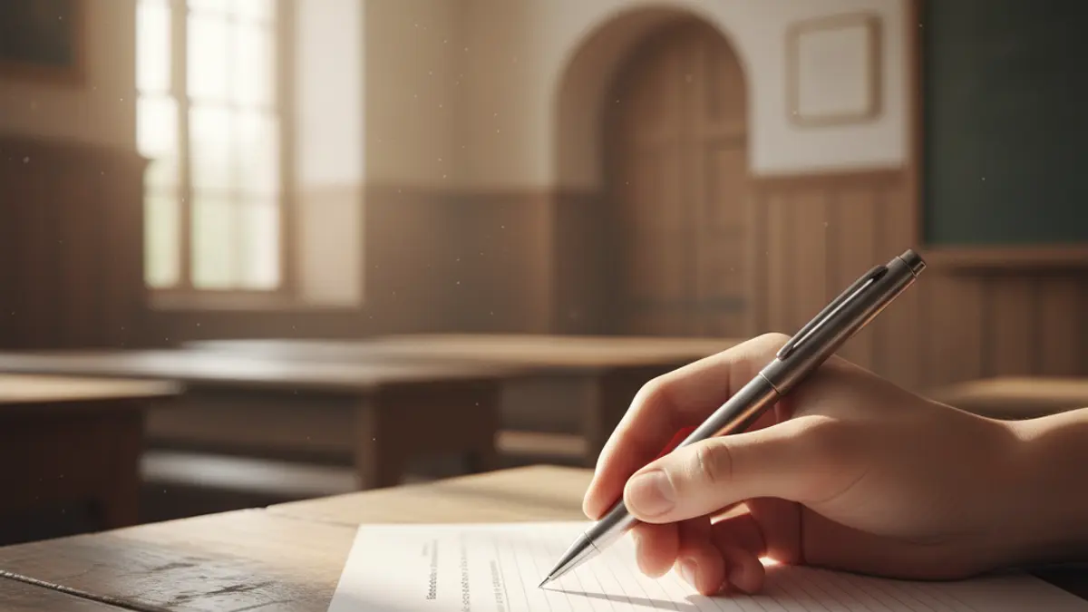 Imagen genérica de una persona realizando un examen, con una mano sosteniendo un bolígrafo sobre un papel.