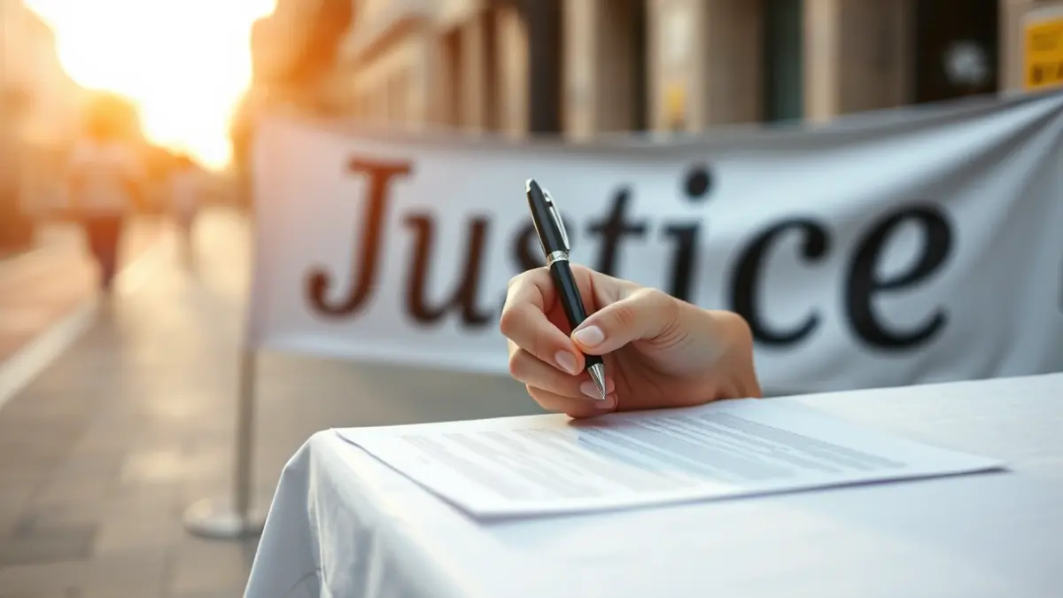 Imagen de una persona firmando un documento en una mesa, con un cartel de fondo que pide justicia.