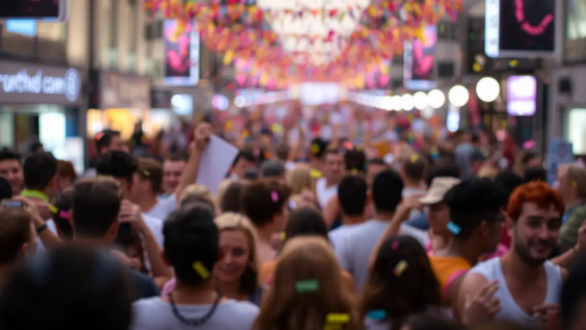 Imagen genérica de una multitud celebrando en un desfile con confeti y luces de colores.