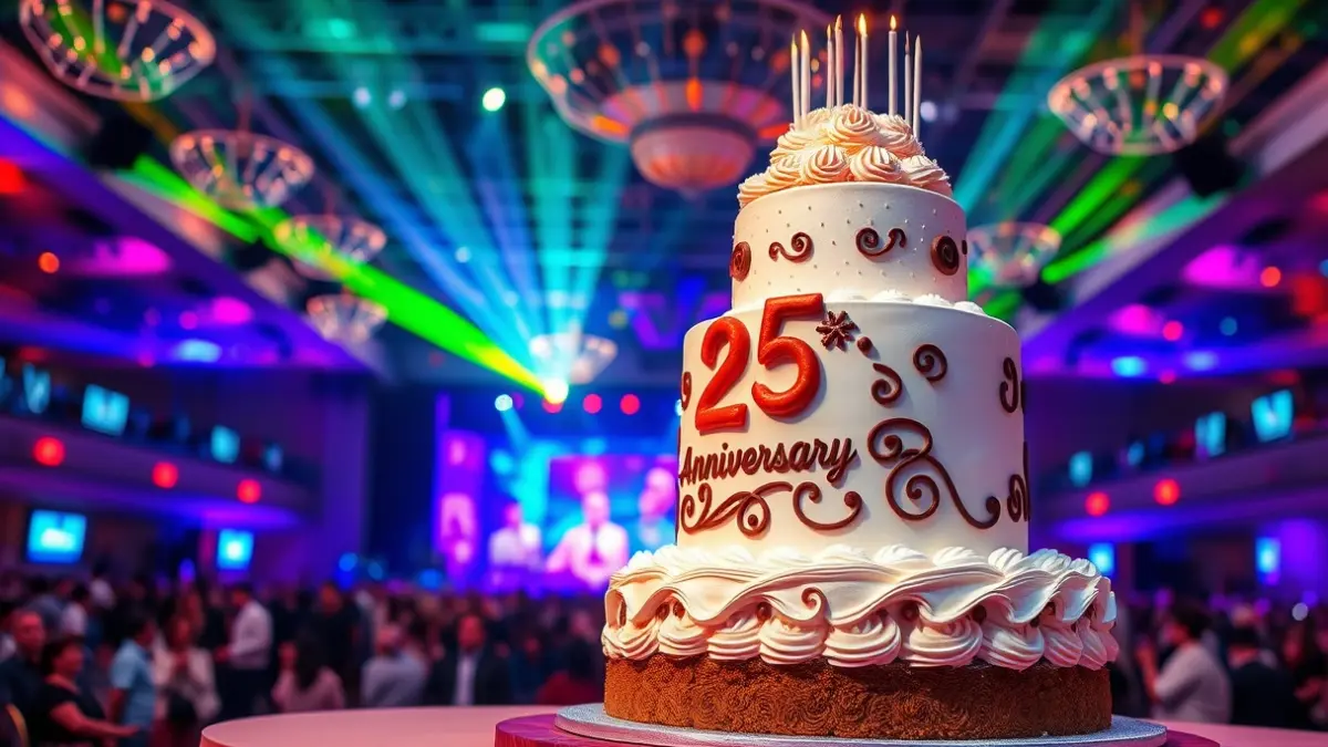 Image of a giant cake on a festive stage, celebrating an anniversary.
