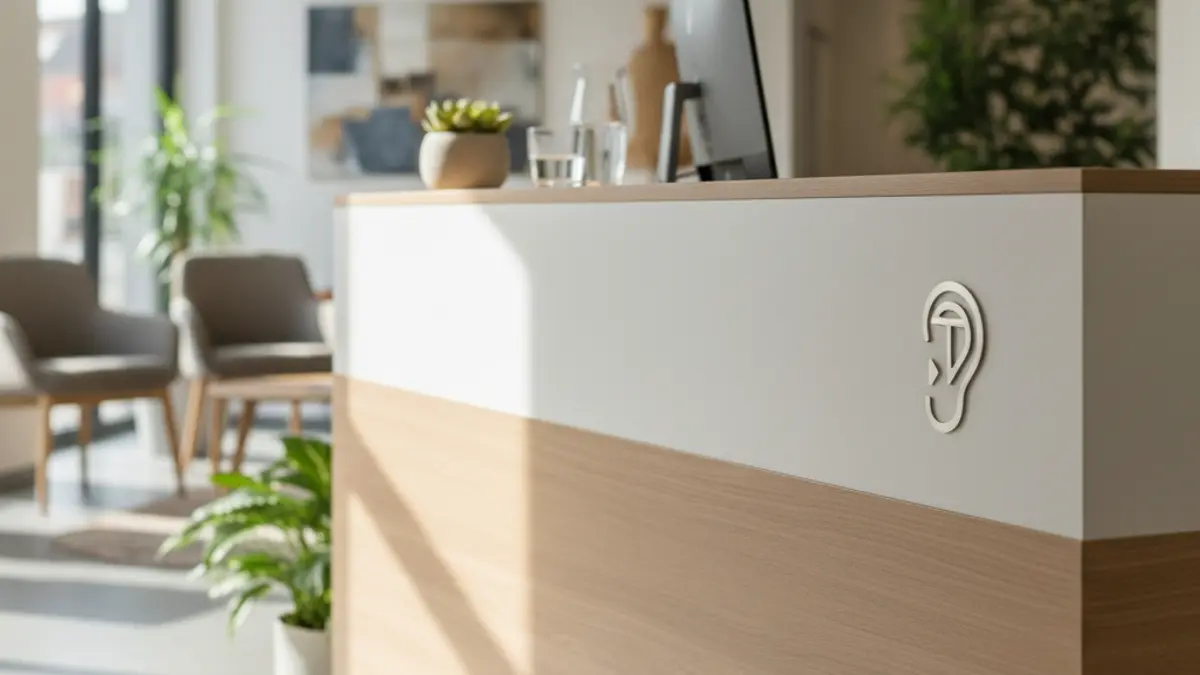 Generic image of a health center reception desk with the hearing accessibility symbol.