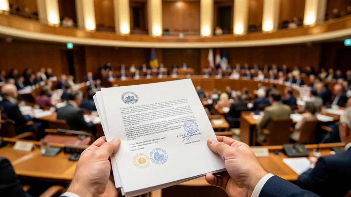 Generic image of an official document and a parliamentary session hall.