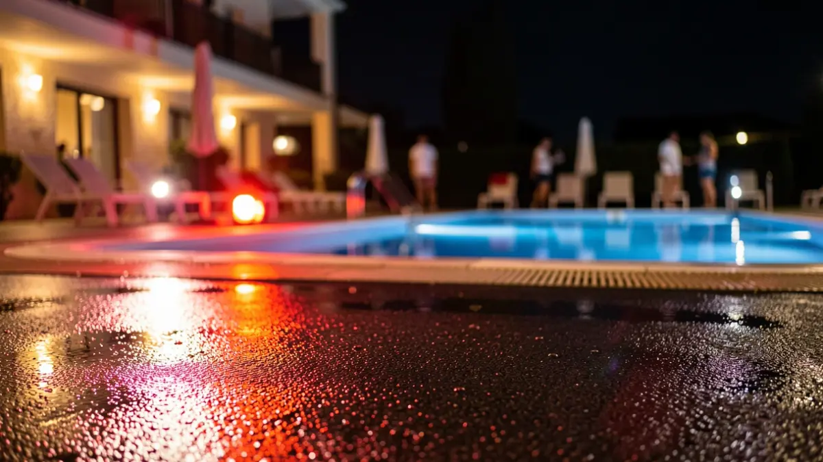 Imagen genérica de luces de emergencia reflejándose en el asfalto mojado por la noche cerca de una piscina.