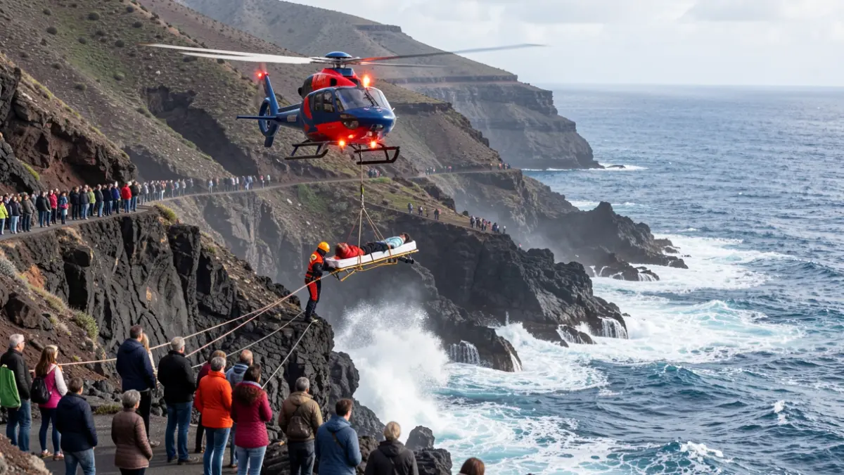 Generic image of an aerial rescue on a rocky coast of the Canary Islands.