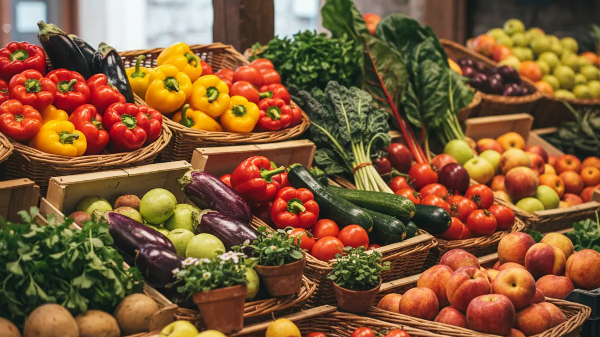 Imagen genérica de un puesto de mercado con frutas y verduras frescas y ecológicas.