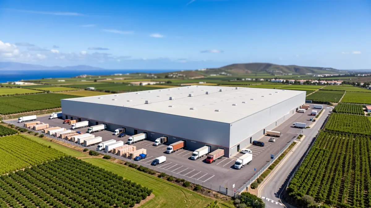 Aerial view of a supermarket distribution center with trucks loading and unloading, surrounded by green fields and a blue sky.