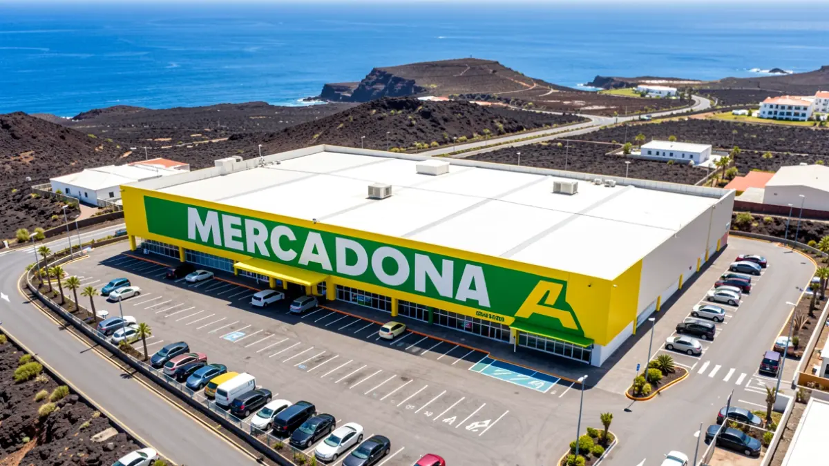 Imagen genérica de un supermercado Mercadona en Canarias con paisaje volcánico y mar al fondo.