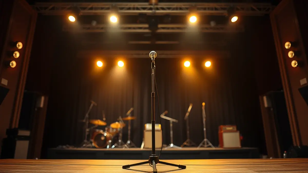 Generic image of a stage with a microphone, warm lights, and a concert atmosphere.