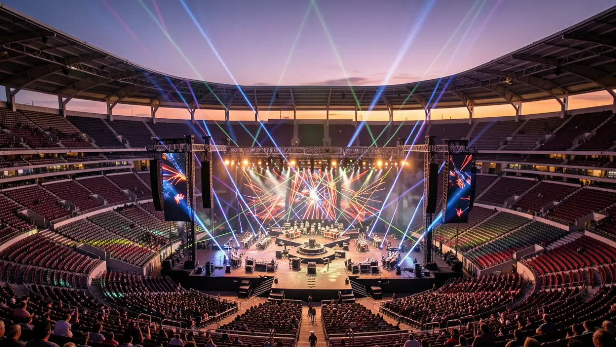 Imagen genérica de un gran escenario preparado para un concierto masivo en Tenerife, con luces y efectos especiales.