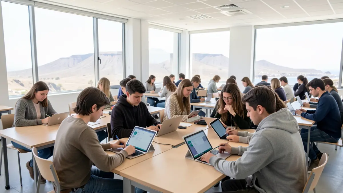 Imagen genérica de estudiantes canarios utilizando tecnología en el aula para una evaluación educativa.