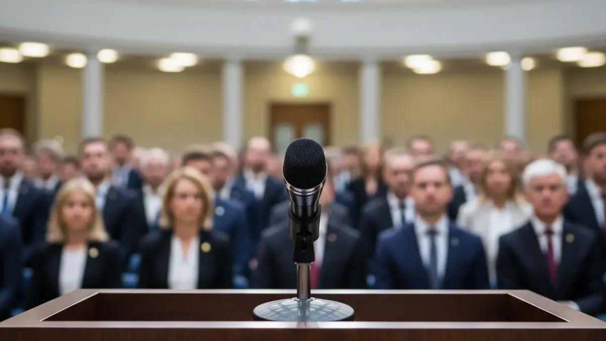 Generic image of a microphone on a podium during a press conference.