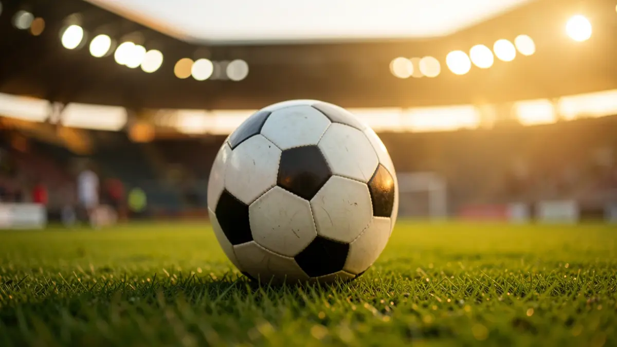 Generic image of a soccer ball on grass with blurred stadium lights.