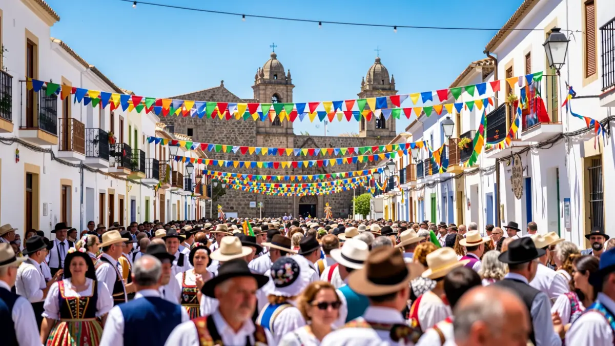 Imagen genérica de una fiesta tradicional en Mogán con decoración colorida y gente vestida de época.