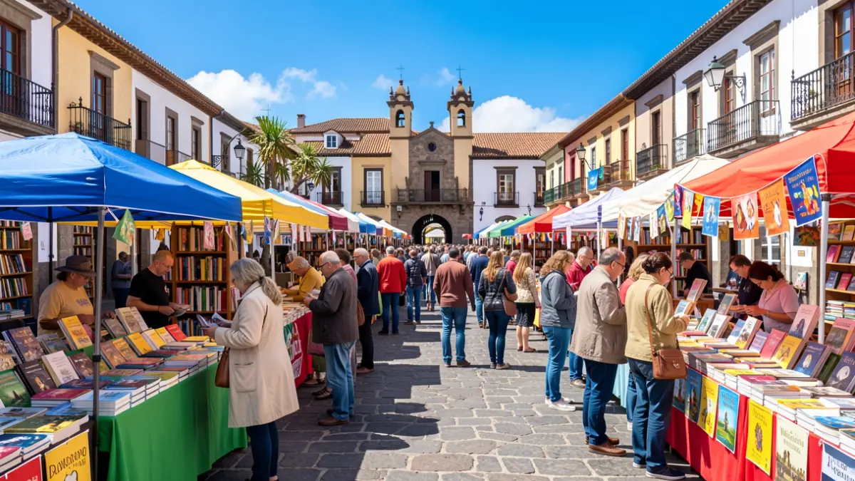 Imagen genérica de una feria del libro en una plaza con arquitectura canaria.
