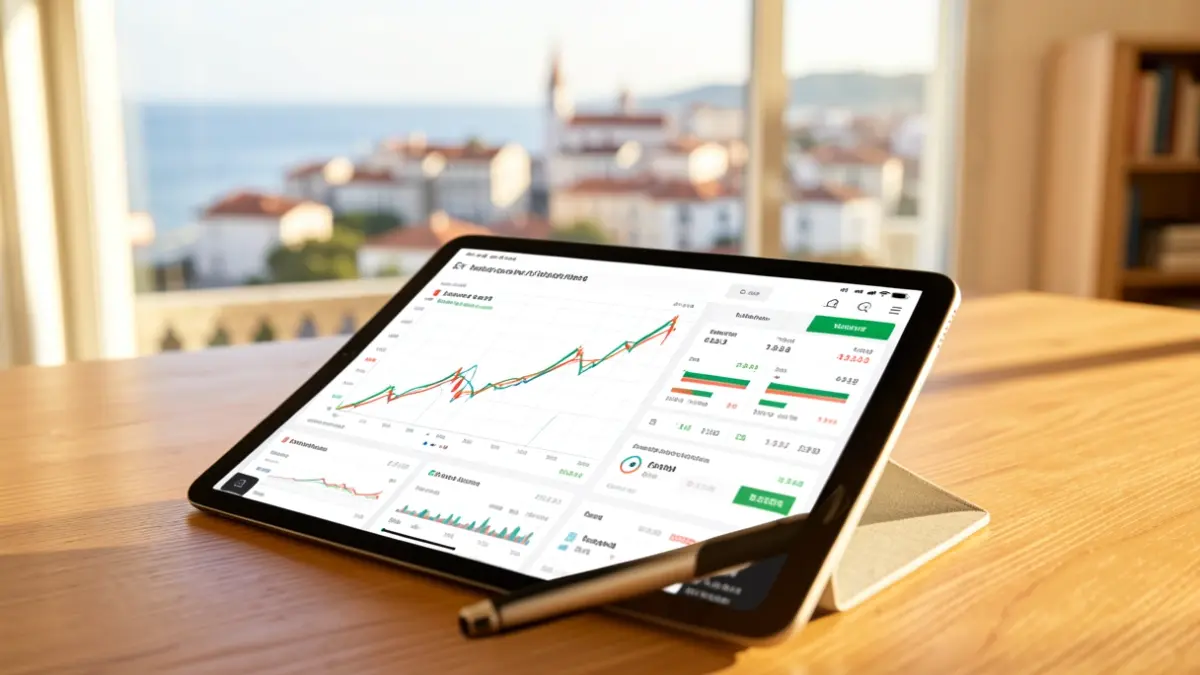 Image of a tablet with financial charts on an office desk.