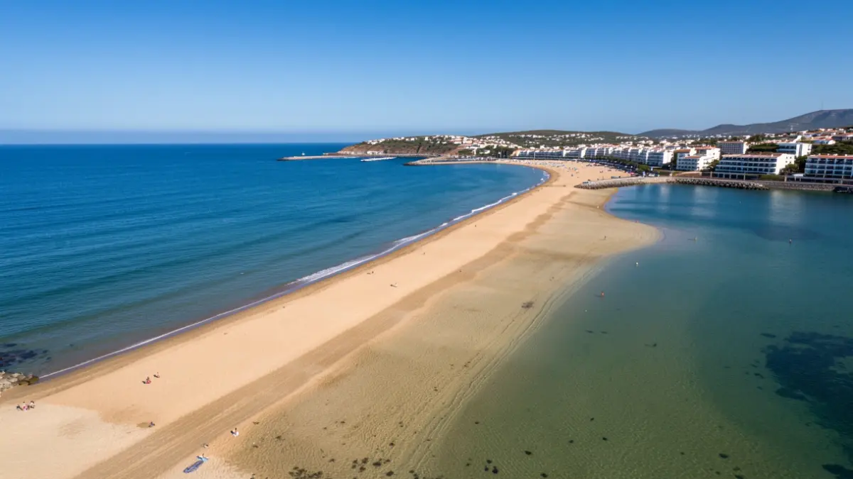 Vista aérea de la playa artificial de Mogán, Gran Canaria, con el mar y la costa.