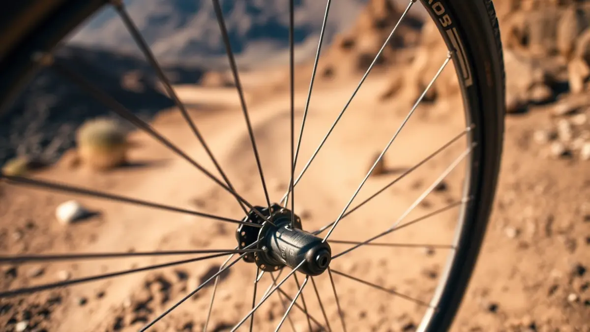 Generic image of a mountain bike wheel on a rocky trail.