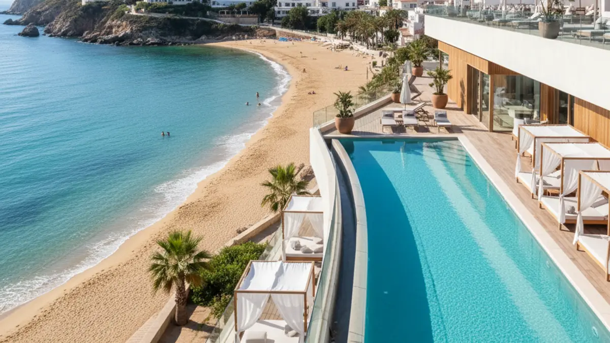 Image of a boutique hotel with a pool and rooftop in a coastal setting.