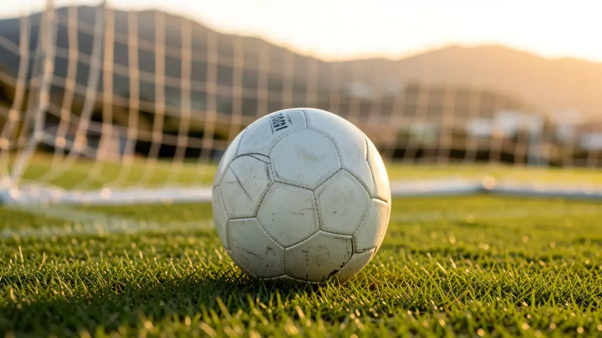 Generic image of a soccer ball on grass with a blurred goal net in the background.