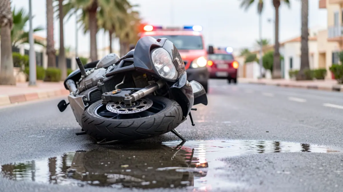 Image of a fallen motorcyclist on the road with an oil spill, causing the closure of a tunnel in Las Palmas de Gran Canaria.