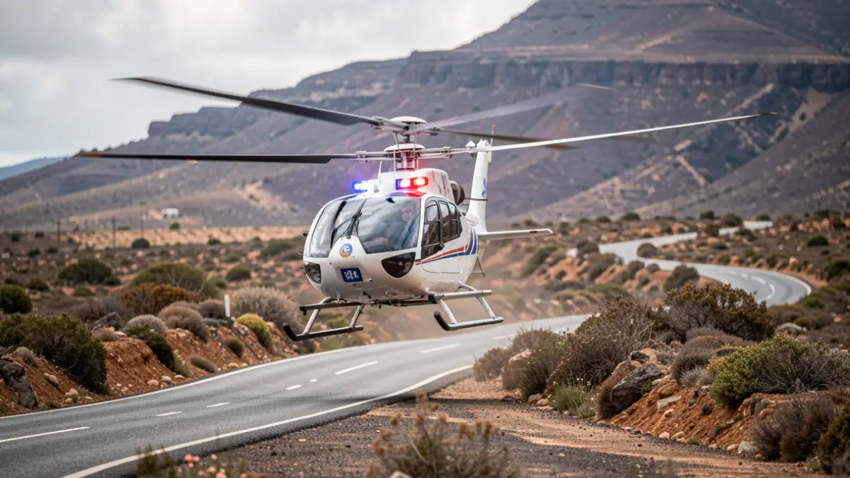 Emergency helicopter flying over a road in Fataga, Gran Canaria, during a rescue operation.