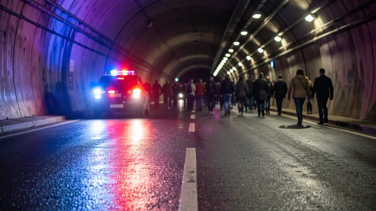 Imagen genérica de luces de emergencia policiales reflejándose en el asfalto mojado de un túnel por la noche.