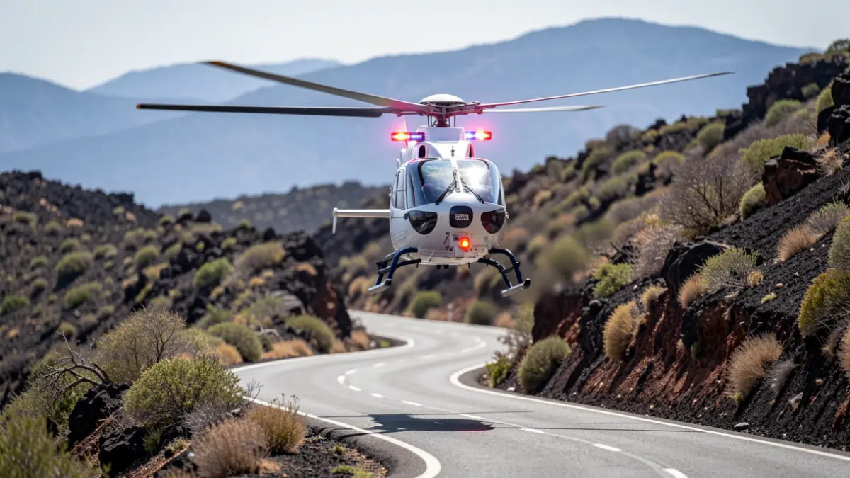 Medical helicopter flying over a mountain road in Gran Canaria after a motorcycle accident.