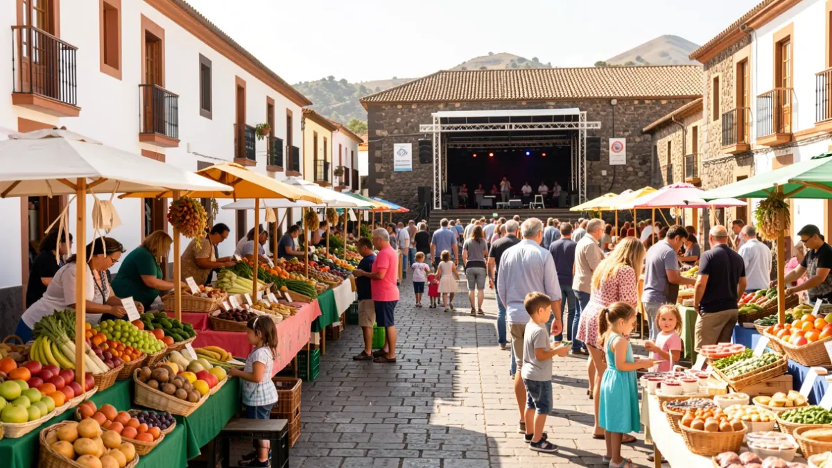 Imagen genérica de una feria agroalimentaria en un pueblo canario con familias disfrutando.
