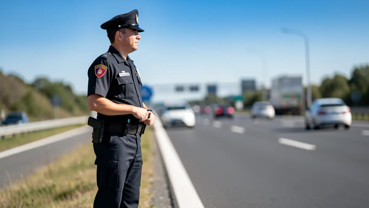 Imagen de un agente de la Guardia Civil vigilando el arcén de una carretera en Canarias.