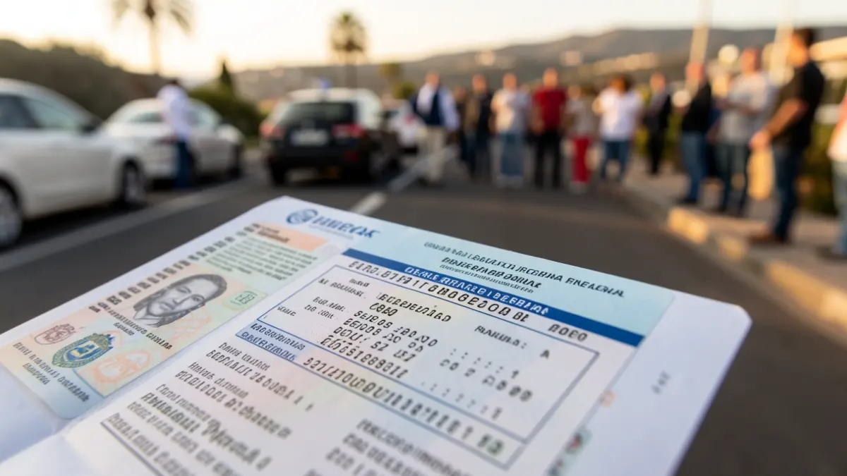 Spanish driving license and vehicle registration document on a Tenerife road background.