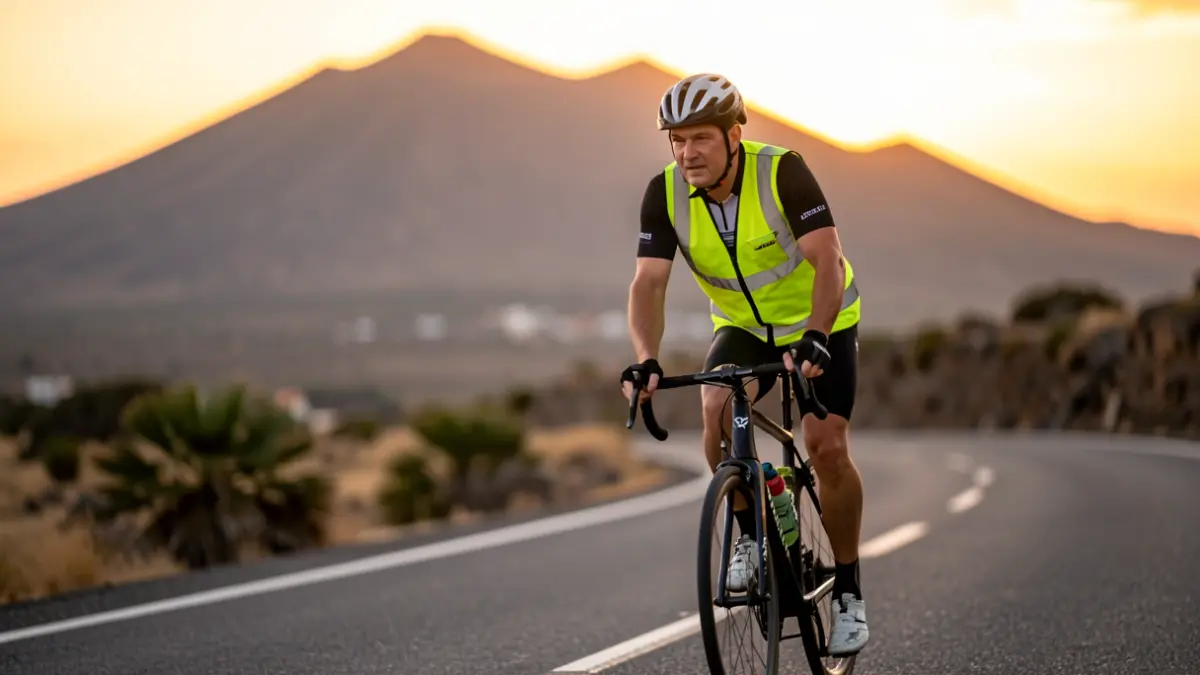 Canarian cyclist wearing a reflective vest riding on a road at sunset.