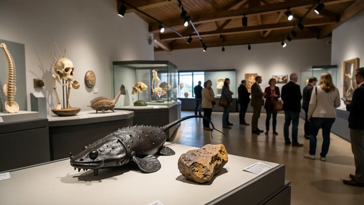 Imagen de piezas singulares expuestas en museos de Tenerife, incluyendo un pez diablo negro y meteoritos.