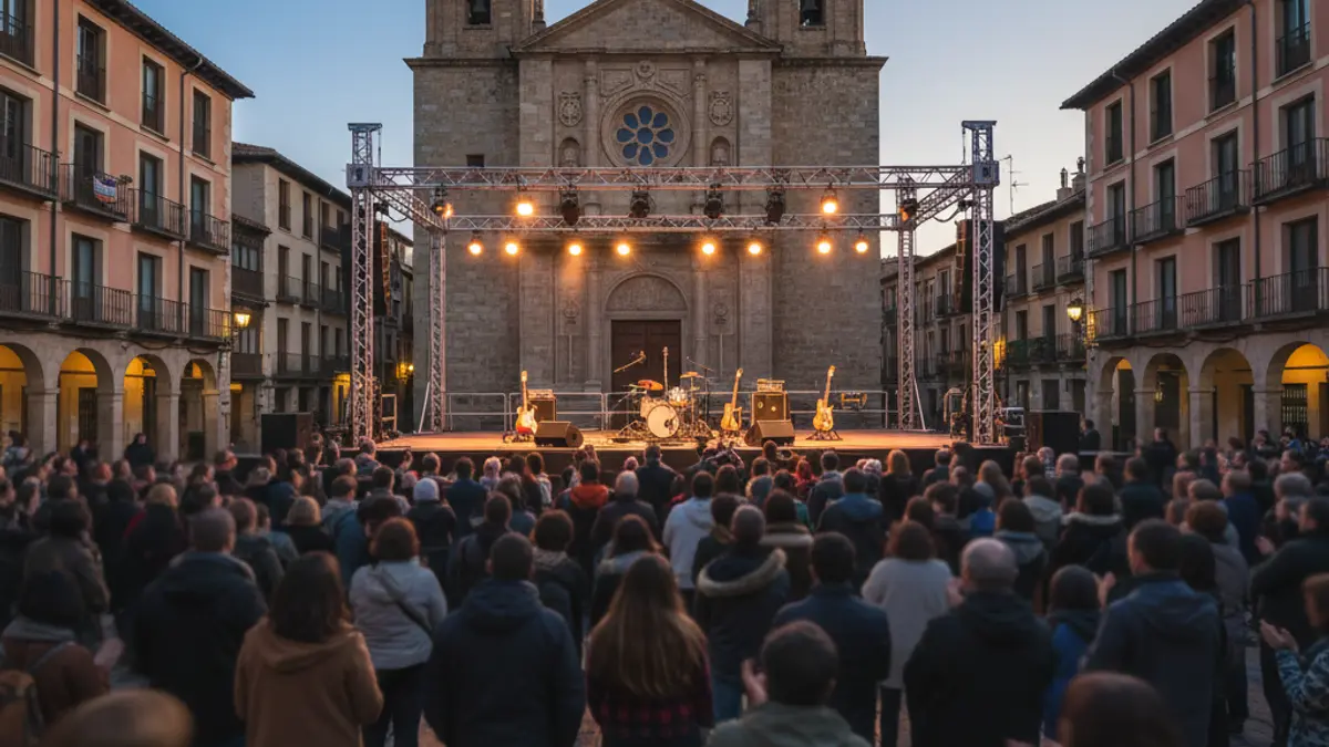 Imagen de un escenario de concierto al aire libre en una plaza histórica, con luces cálidas y arquitectura tradicional.