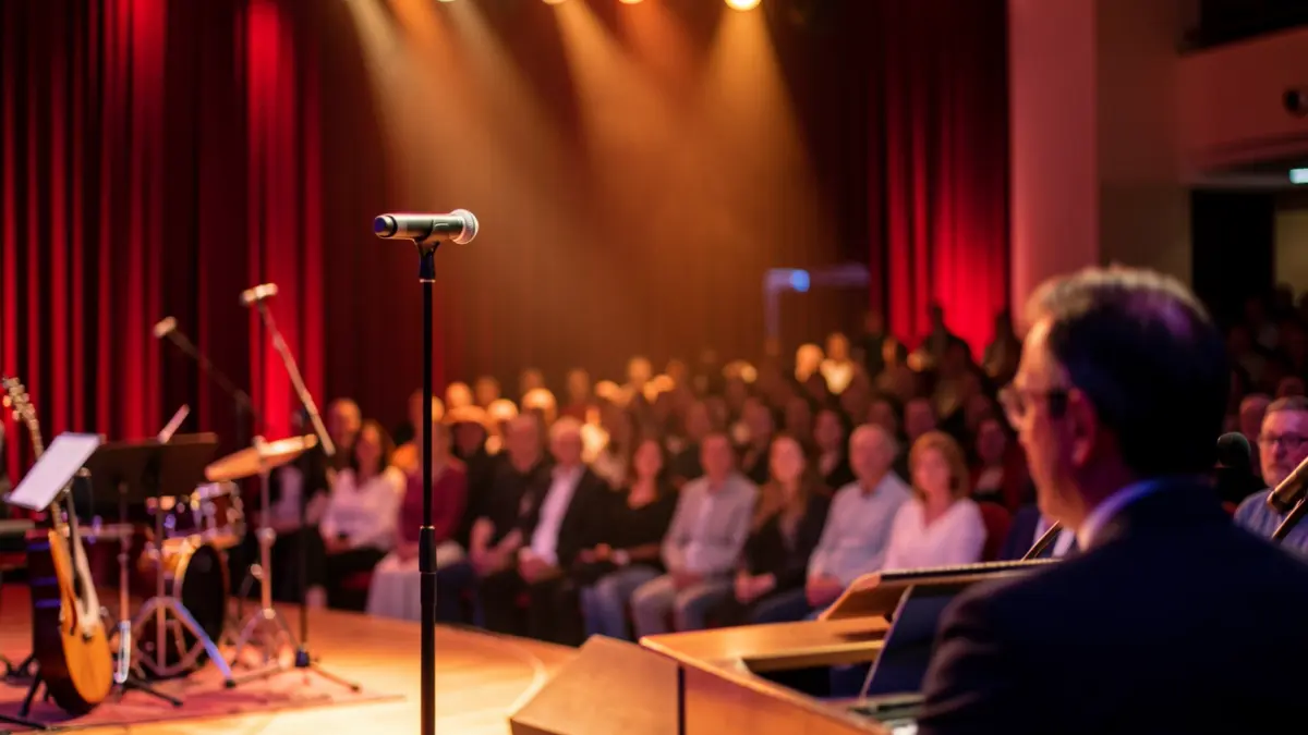 Generic image of the Alfredo Kraus Auditorium stage in Gran Canaria, with a microphone and warm lighting.