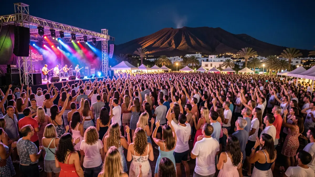 Imagen genérica de una gran verbena popular nocturna en Canarias con miles de asistentes.